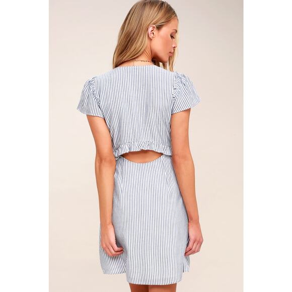 Lulus Seaport Blue & White Stripe Tie Front 100% Rayon Mini Dress - S - Picture 3 of 10